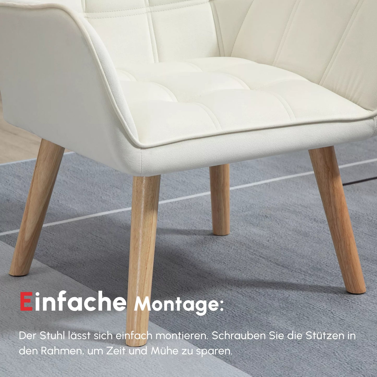 Minkštas fotelis, akcentinis fotelis, skandinaviško dizaino, aksomito išvaizdos, iki 120 kg, kaučiukmedžio kojelės, kreminės spalvos