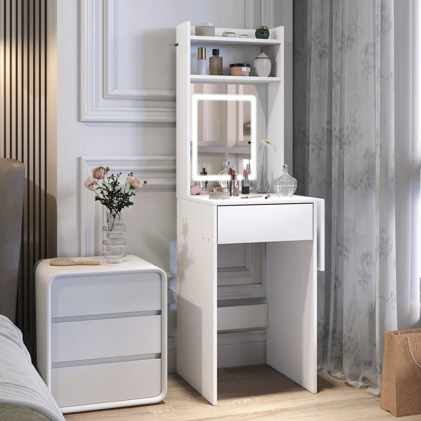 Kompaktiškas tualetinis staliukas su veidrodžiu ir LED apšvietimu, sulankstomas stalviršis, atviros lentynos, stalčius, MDF, baltas