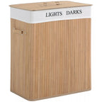 Bambukinis skalbinių krepšys su dangčiu ir Lights Darks užrašu