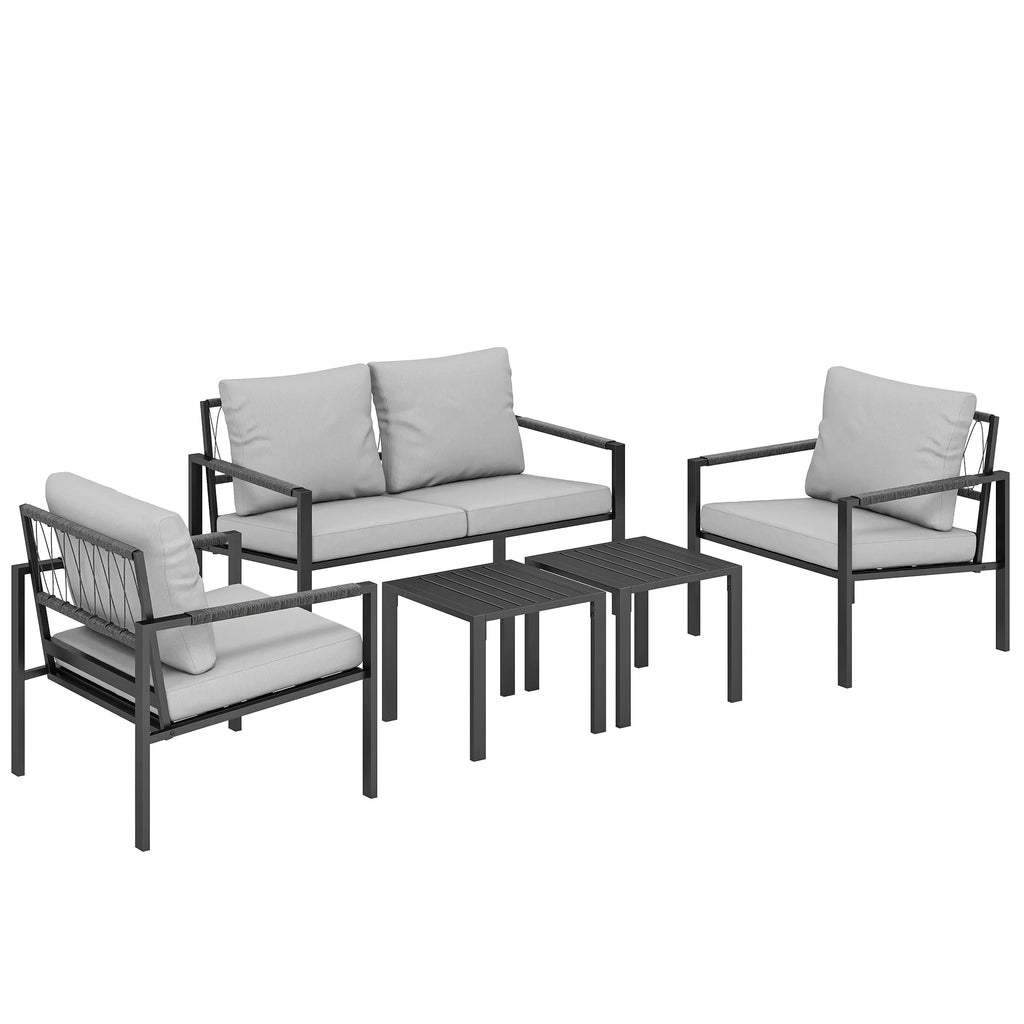 Sodo baldų komplektas 4 asmenims, atsparus oro sąlygoms, balkono baldų komplektas su dviviete sofa, foteliais, sėdimojo pagalvėlėmis ir pagalbiniu staliuku, šviesiai pilkos spalvos