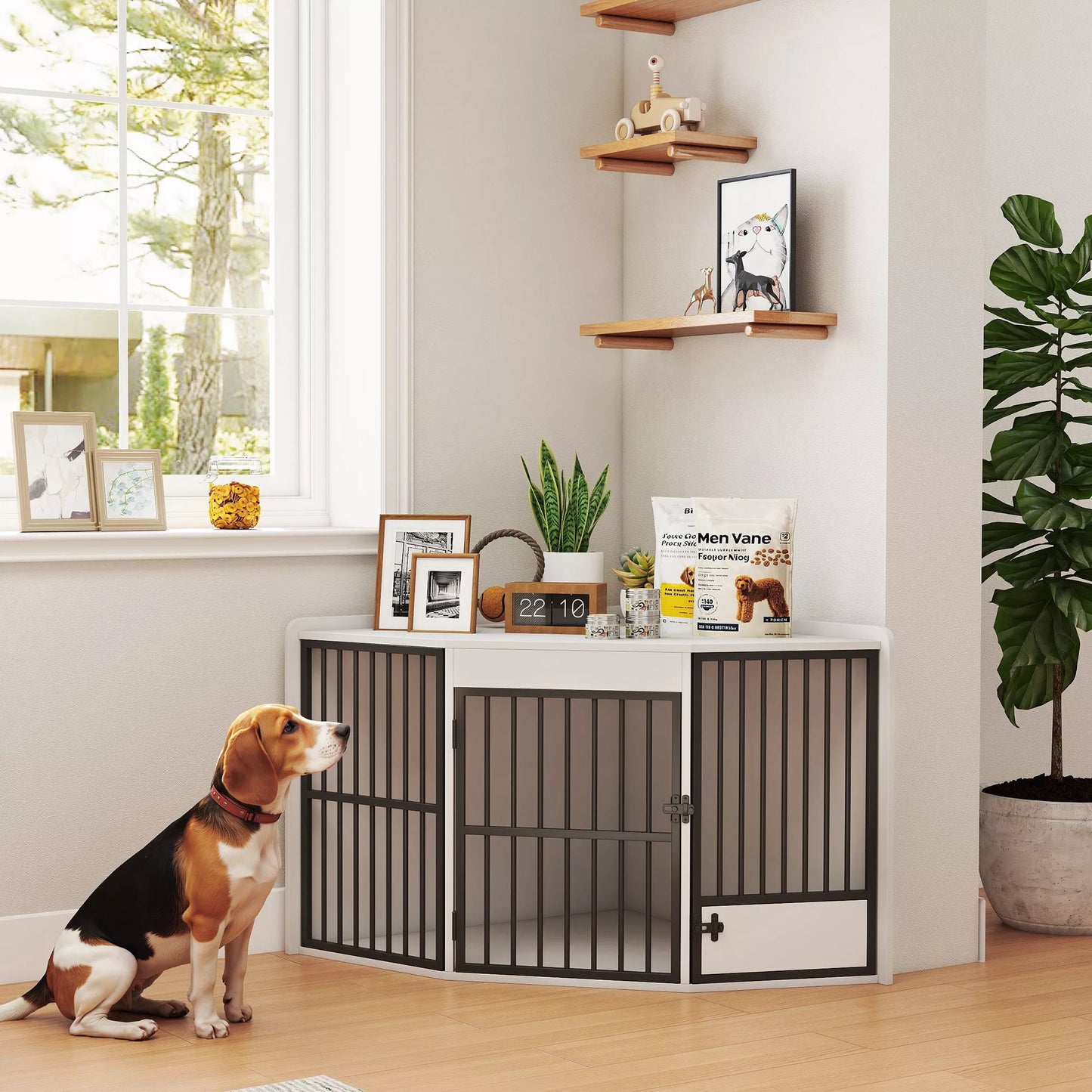 Šunų dėžė, laikymo erdvė mažiesiems ir vidutinio dydžio šunims, gyvūnų laikymo dėžė, maitinimo durelės, MDF, metalas, balta