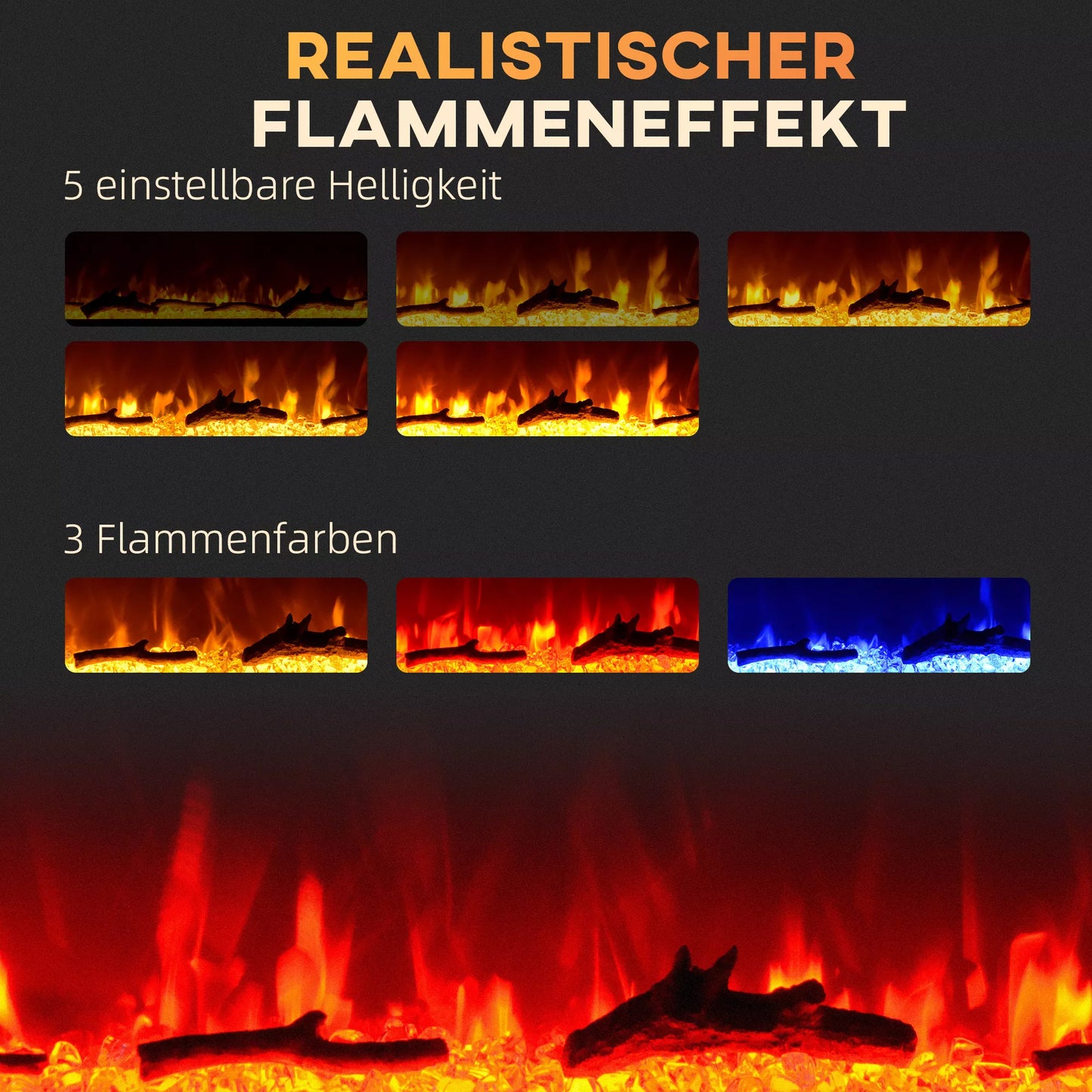 Elektrinis židinys su sieniniu laikikliu ir nuotolinio valdymo pulteliu, dirbtinės malkos ir kristalai, 1800W galia, juodos spalvos.