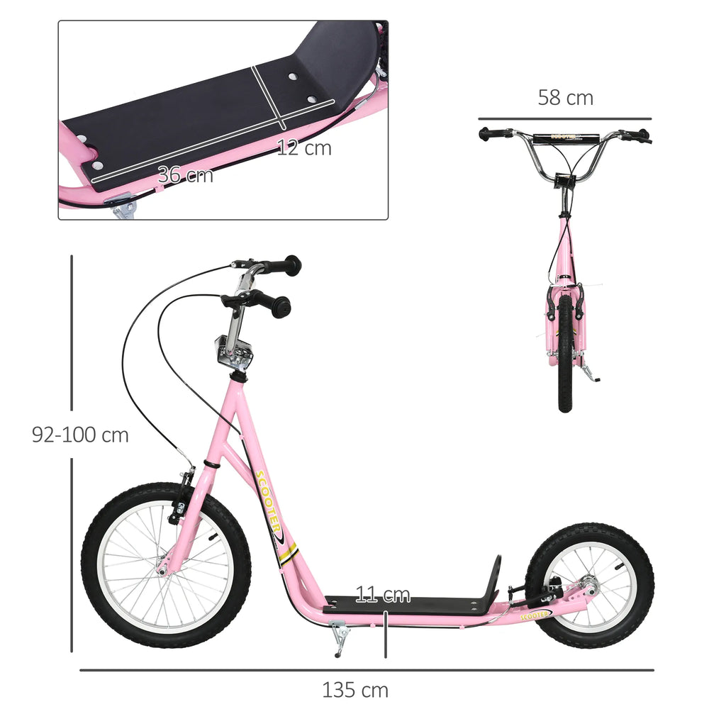 Paspirtuko matmenų schema: 135 cm ilgis, 58 cm plotis, 92–100 cm vairas