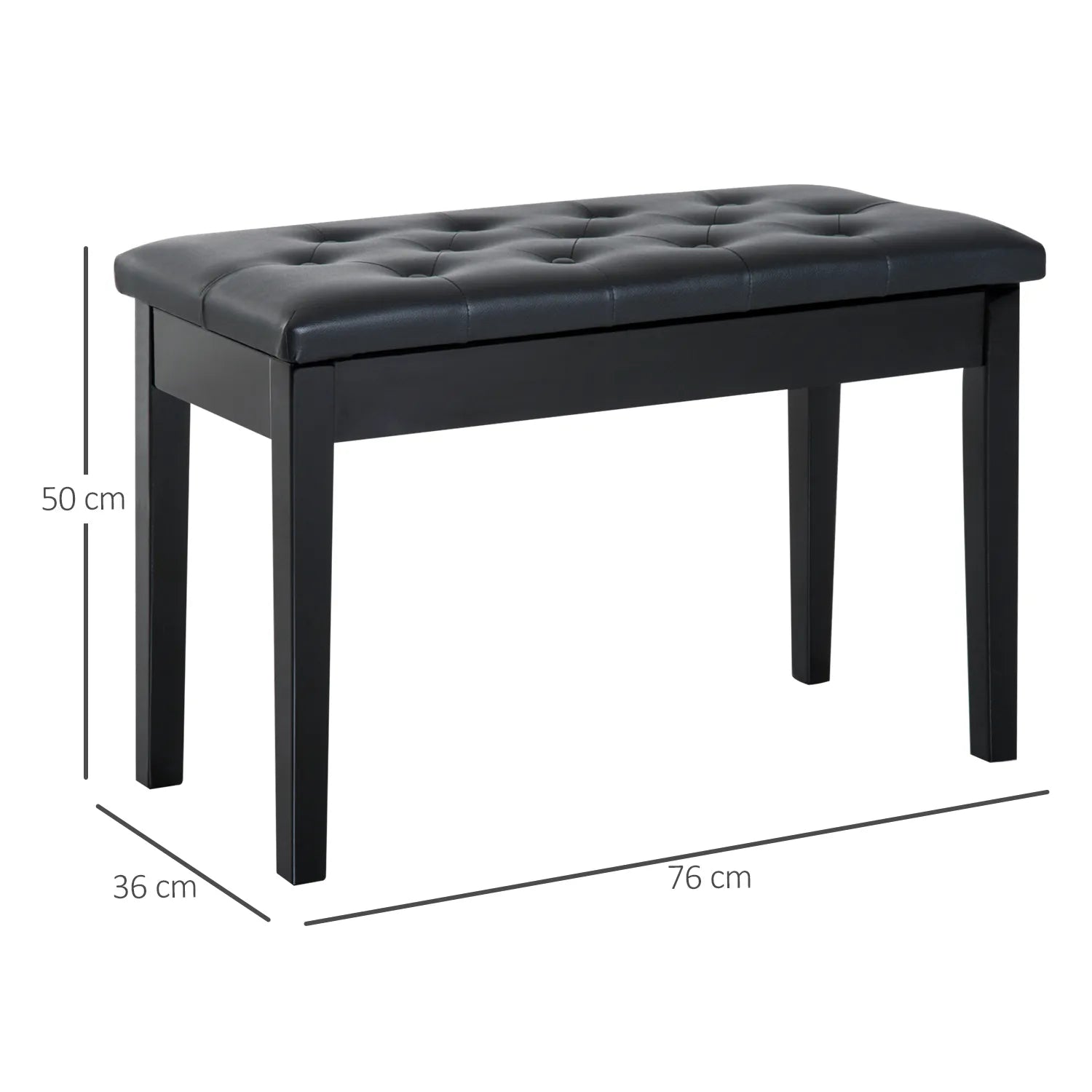 Schema su suoliuko matmenimis: ilgis 76 cm, plotis 36 cm, aukštis 50 cm