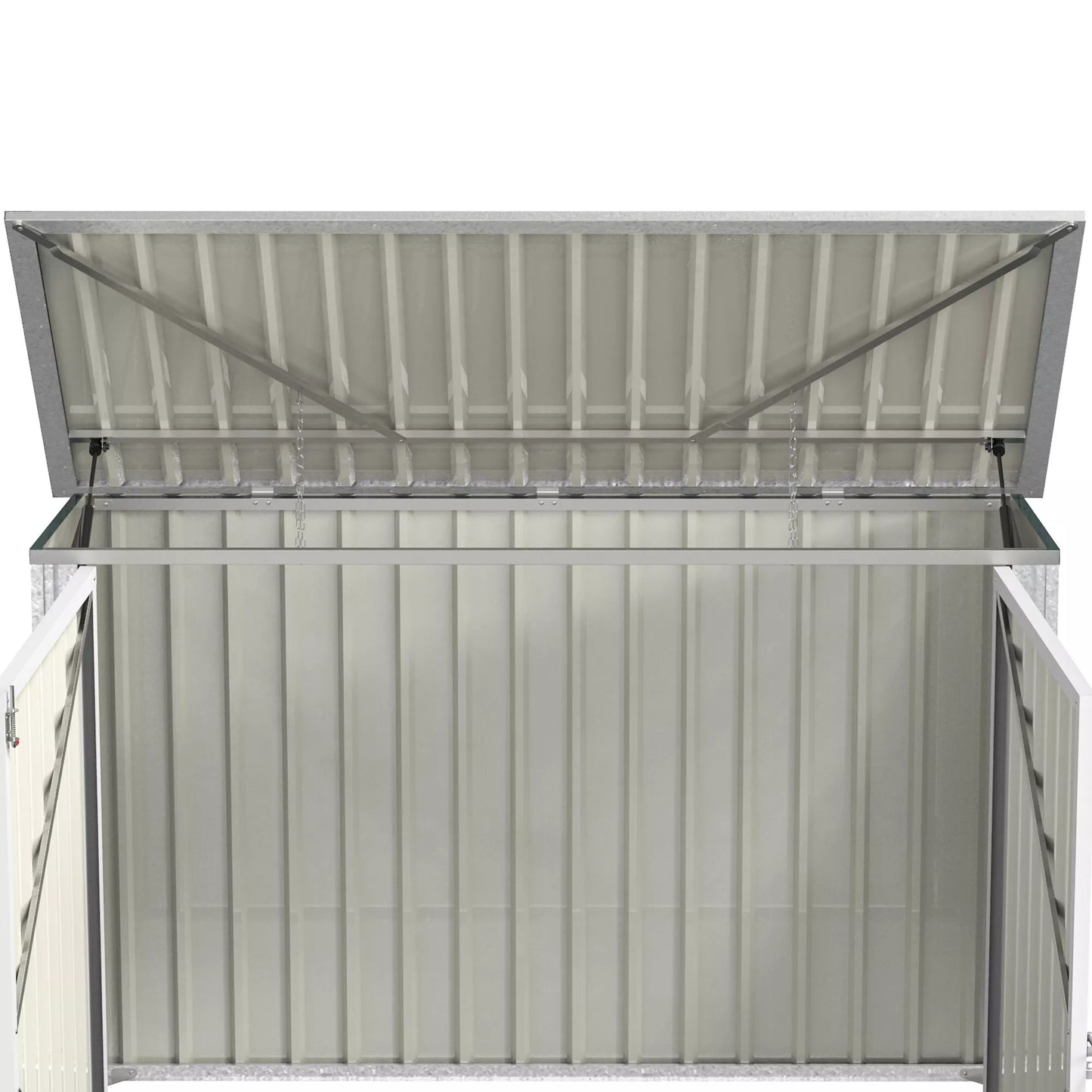 Lauko šiukšliadėžių dėžė Storer, užrakinama laikymo dėžė 2 šiukšliadėžėms, plieninė, 178,5 x 104,5 x 128,5/113 cm, žalia