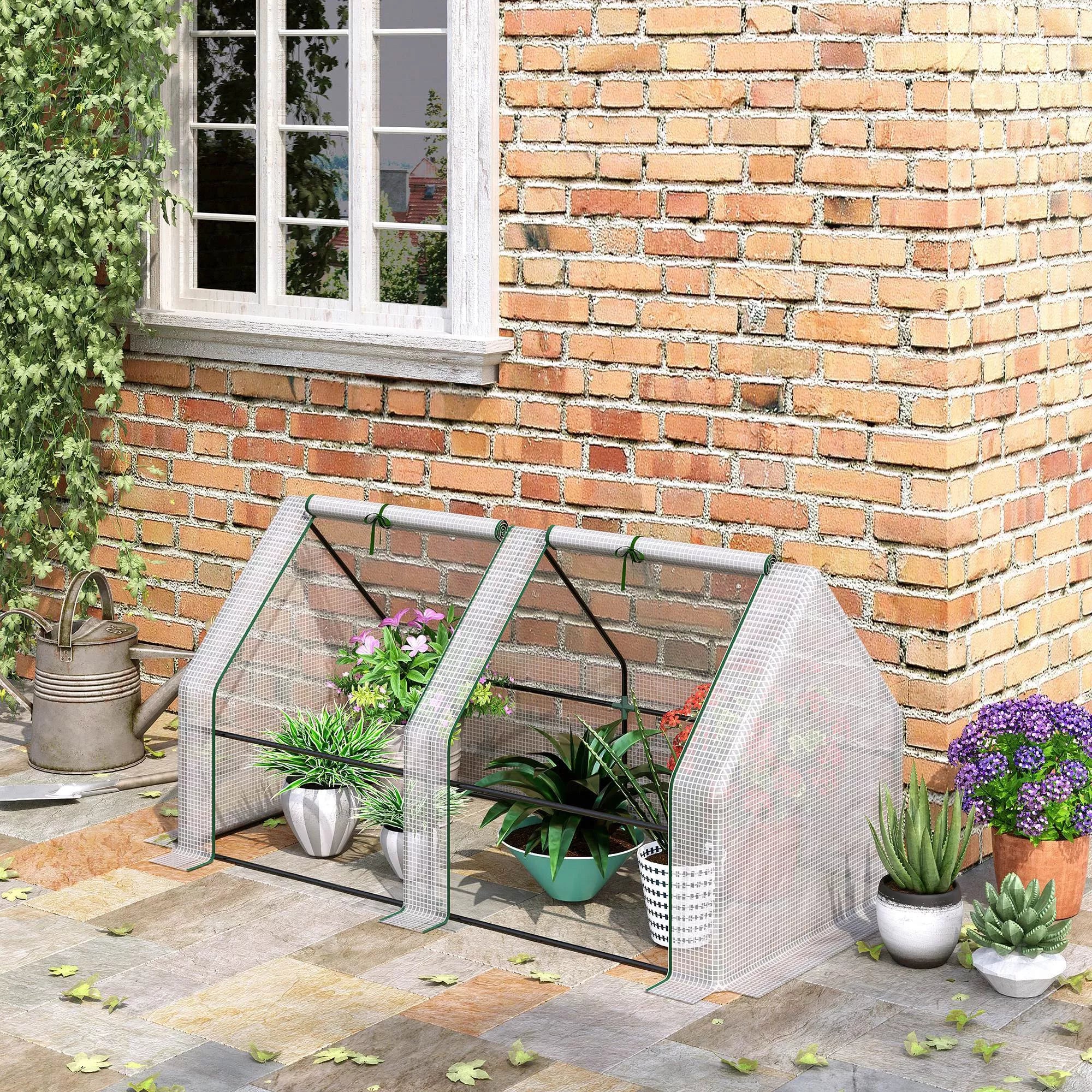 Mini šiltnamis, šiltnamis, 2 užtraukiamos durys, atspari įplėšimui plėvelė, metalinis rėmas, 1,8 x 1 x 1 m, baltas
