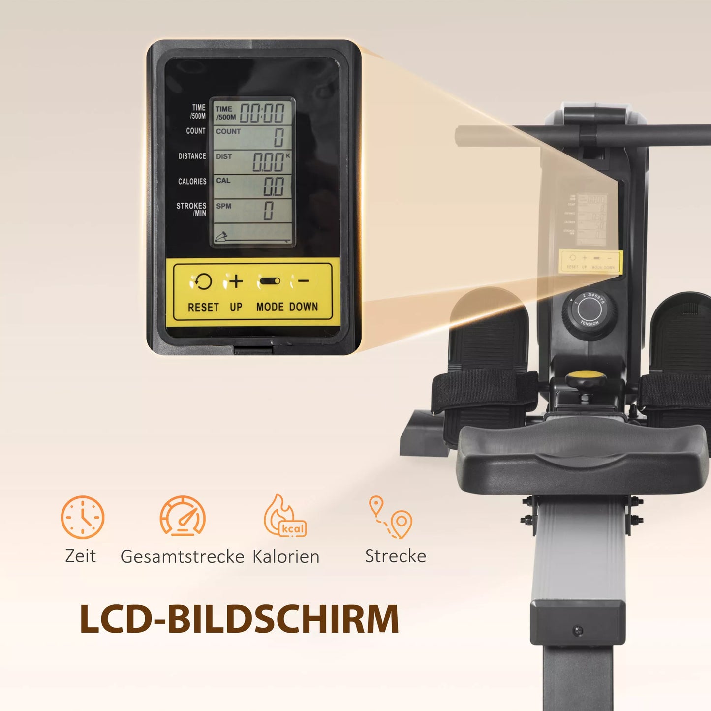 Sulankstomas irklavimo treniruoklis, tylus aliuminio rėmas, LCD monitorius, 8 pasipriešinimo lygiai, Juoda/Sidabrinė