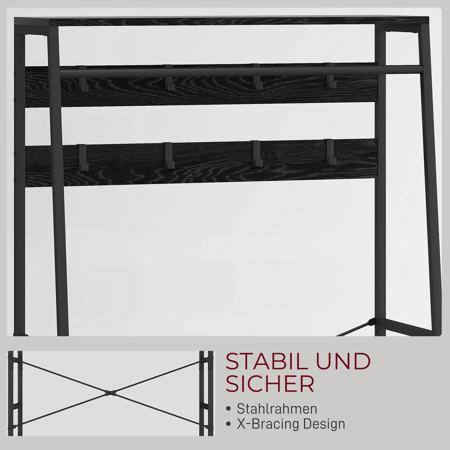 Drabužių kabykla su batų lentyna, drabužių stovas industrinio dizaino, 2 audinio stalčiai, 8 kabliukai, metalinis rėmas, juoda