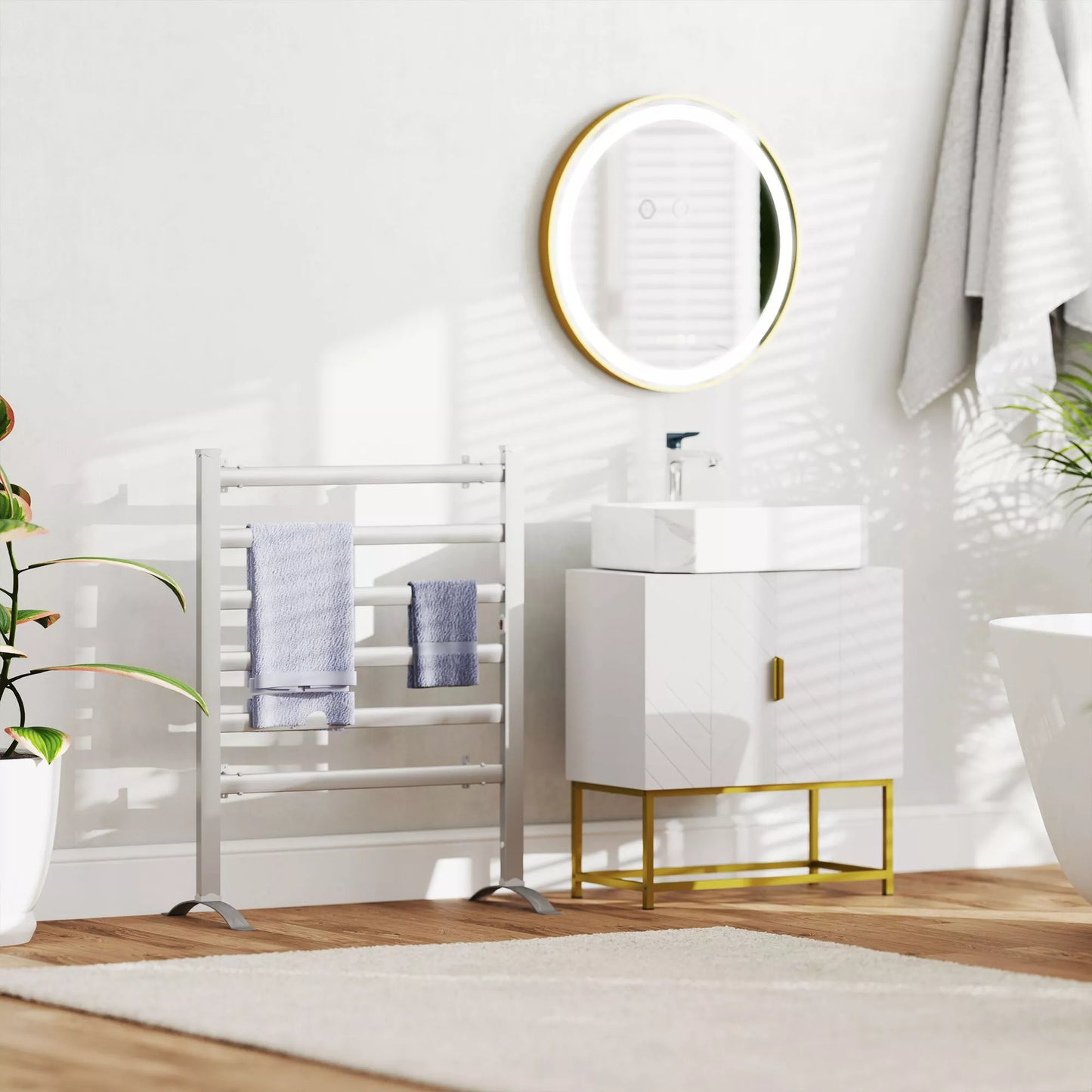 Apvalus veidrodis su LED apšvietimu, laikrodžio rodmenimis, atminties funkcija, auksas + sidabras