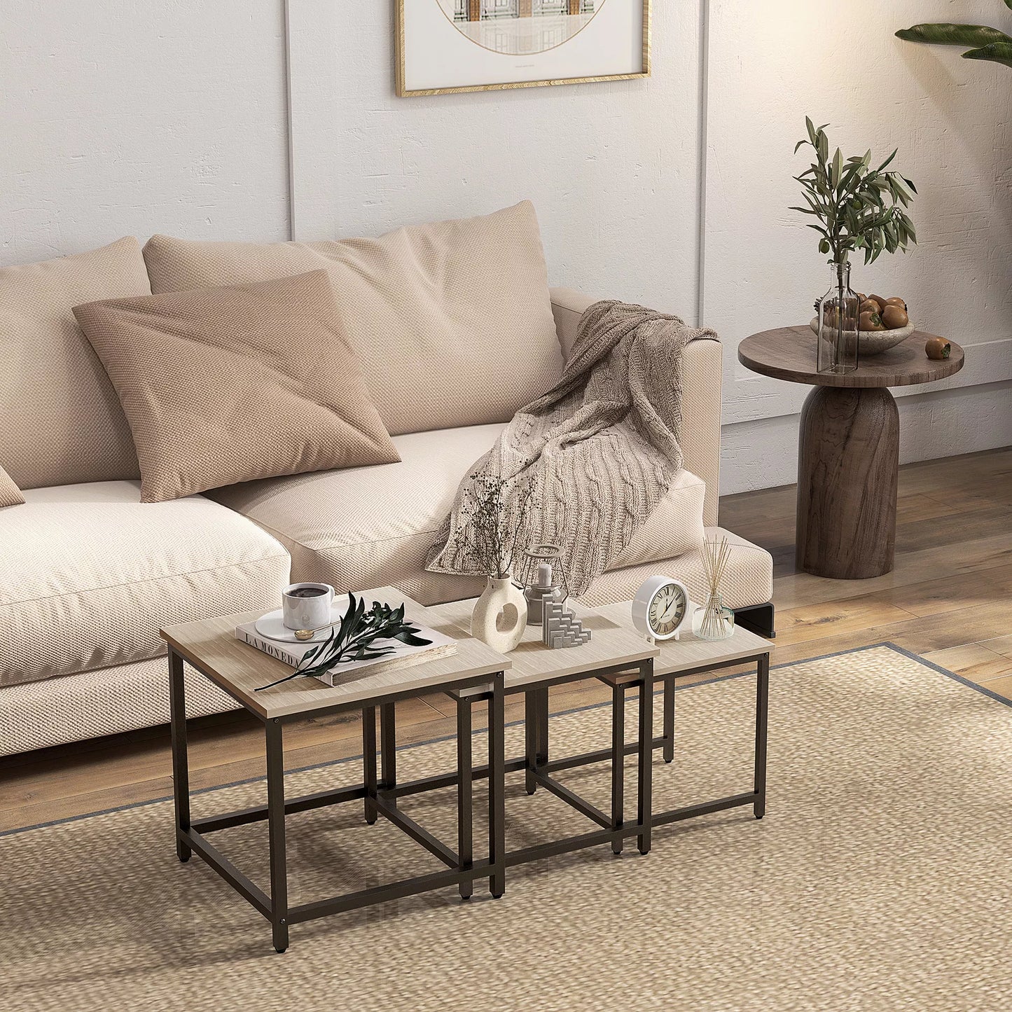 Stalelių rinkinys iš 3, pramoninio dizaino, juodo plieno rėmo, medienos imitacijos stalviršio