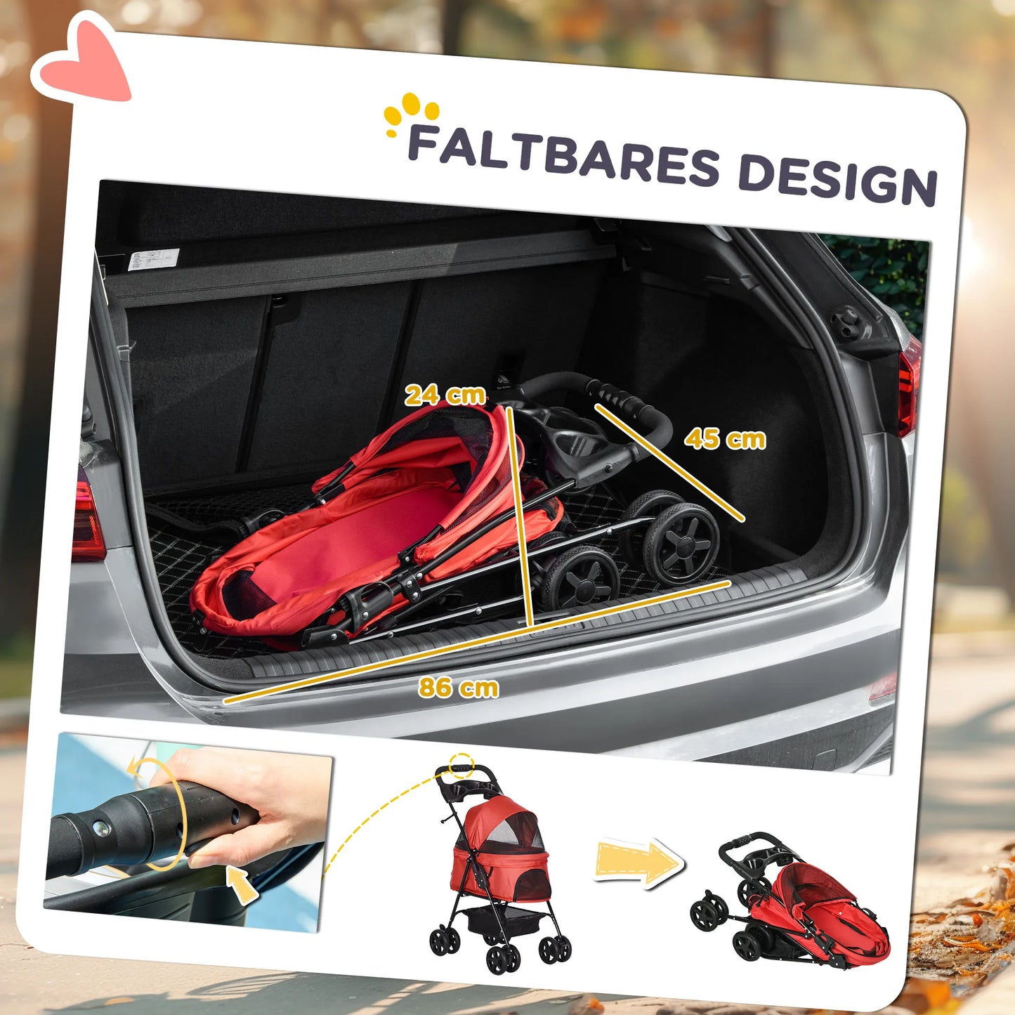 Sulankstomas šunų vežimėlis iki 4 kg, su tinklelio langu, apatiniu krepšiu, puodelio laikikliu, nuimamu stogeliu, raudonas, 67 x 45 x 96 cm