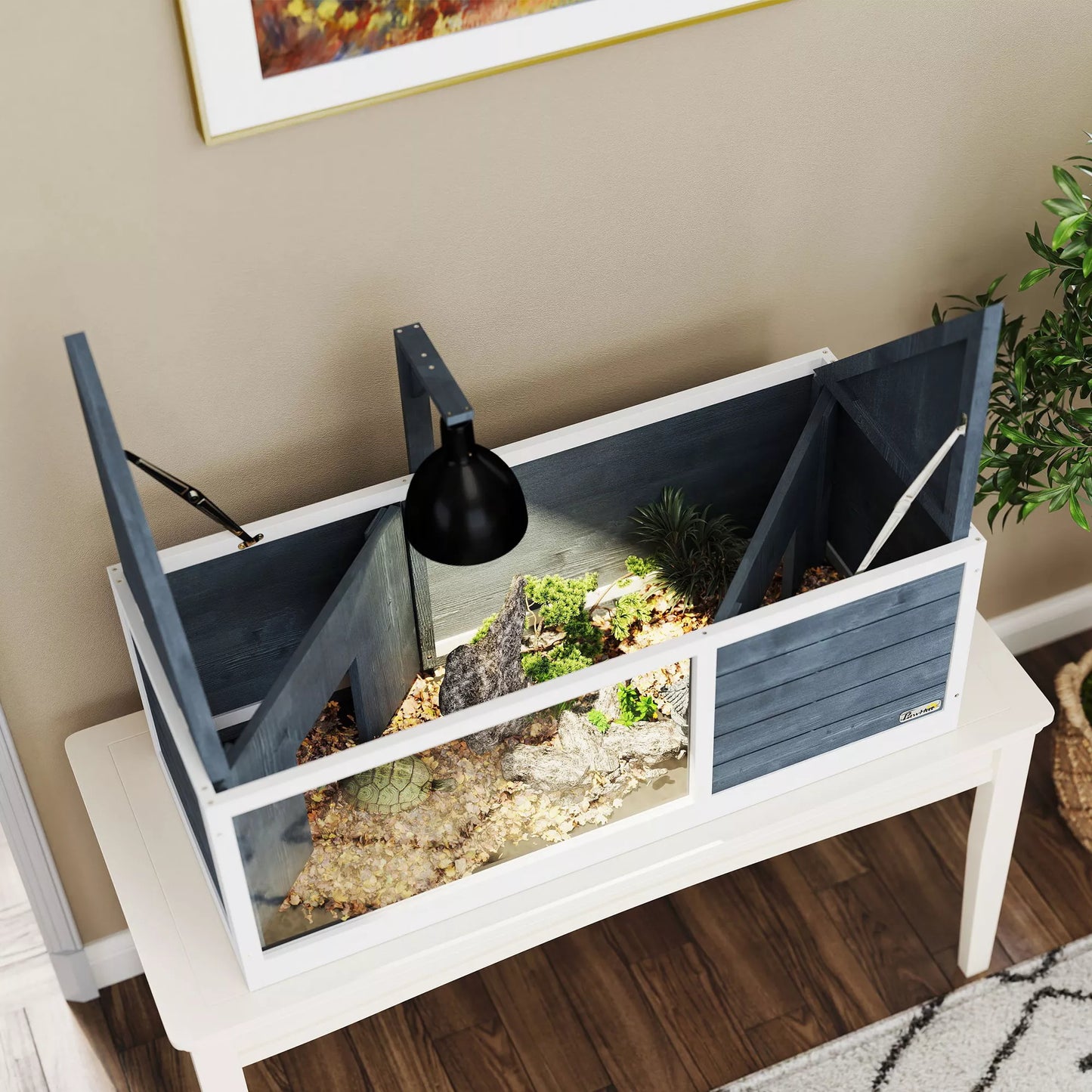 PawHut Vėžlių namelis su lengvai atidaromu viršumi, lempos laikikliu, permatoma priekine dalimi, 120 x 50 x 40 cm, Pilka