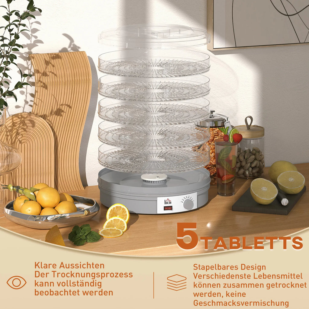 Maisto džiovyklė 245W, su 5 padėklais, reguliuojama temperatūra, pilka