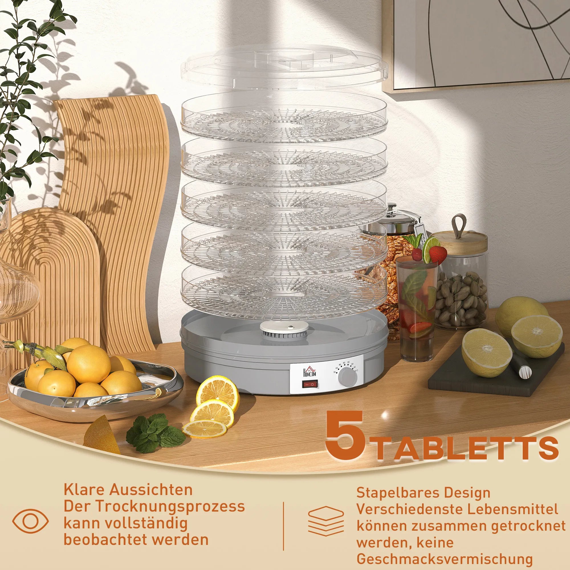 Maisto džiovyklė 245W, su 5 padėklais, reguliuojama temperatūra, pilka
