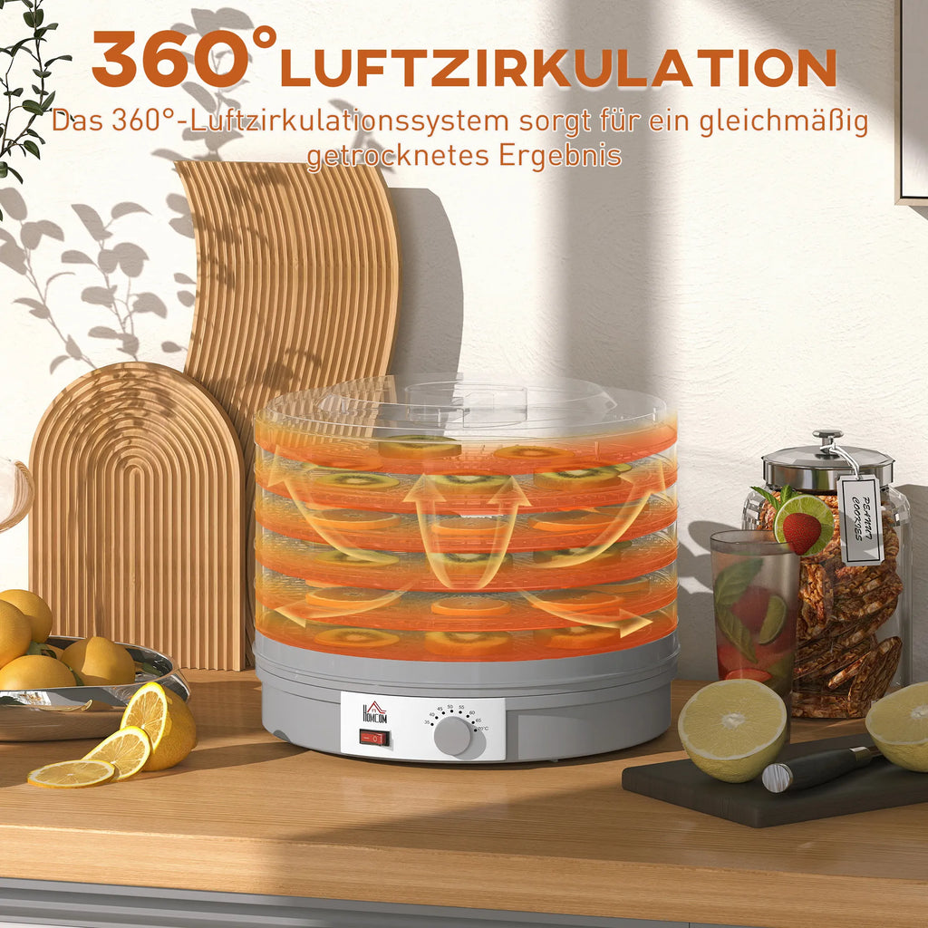 Maisto džiovyklė 245W, su 5 padėklais, reguliuojama temperatūra, pilka