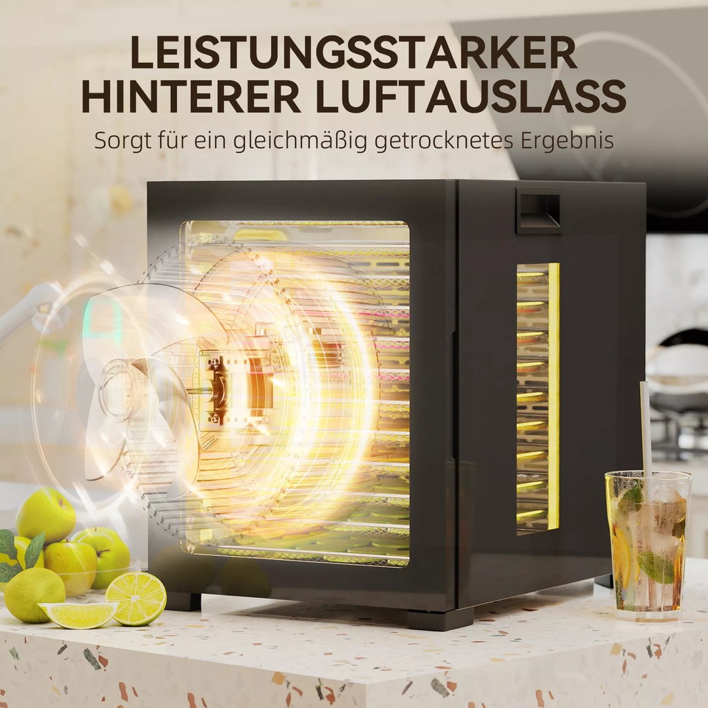 Maisto džiovyklė, 850 W, 40–70 °C, 48 val. laikmatis, 12 nerūdijančio plieno padėklų, juoda