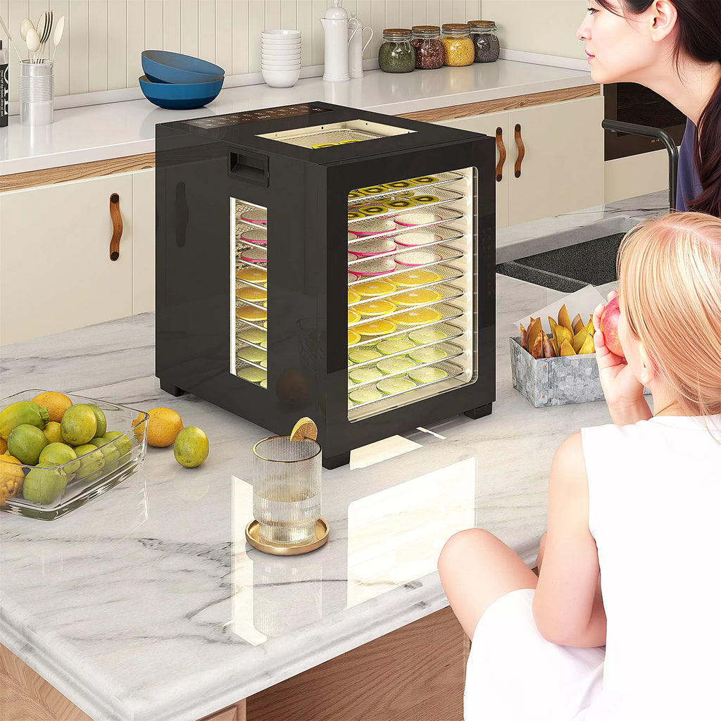 Maisto džiovyklė, 850 W, 40–70 °C, 48 val. laikmatis, 12 nerūdijančio plieno padėklų, juoda