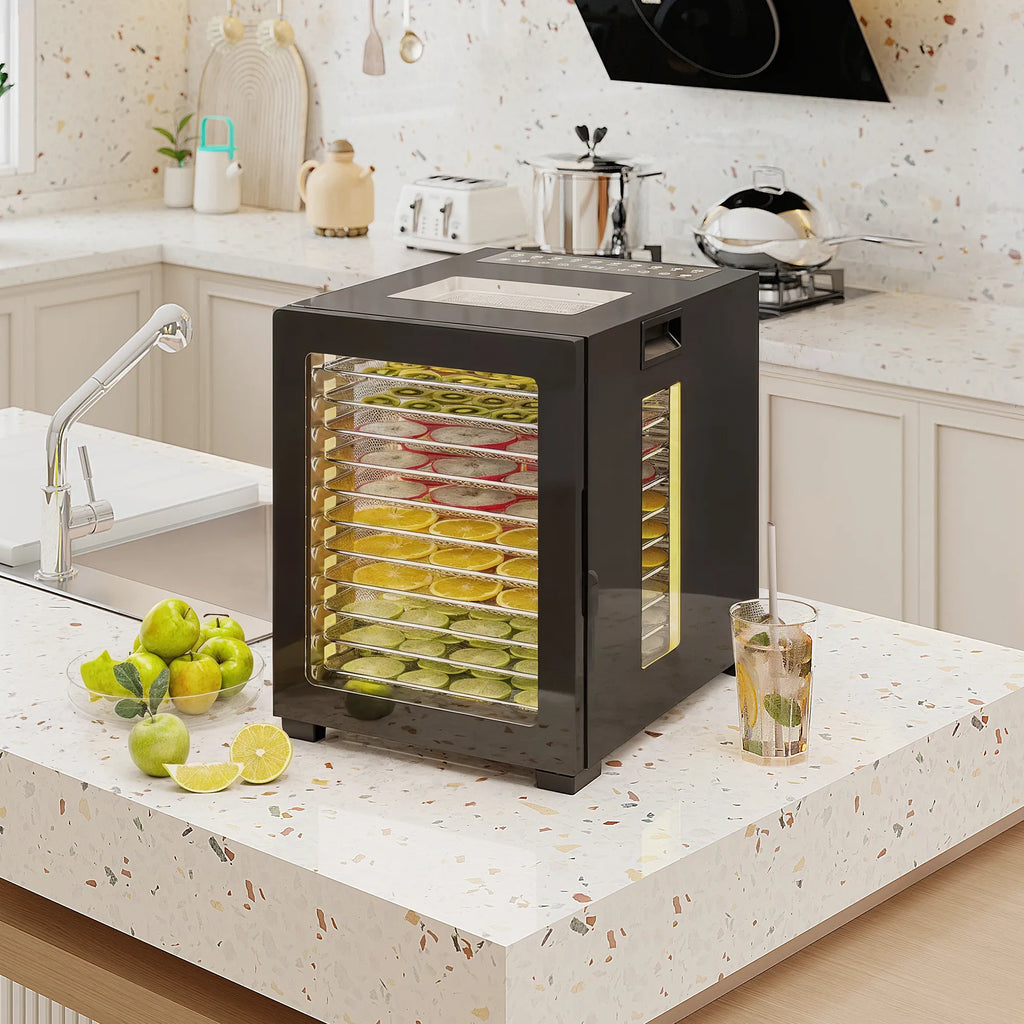 Maisto džiovyklė, 850 W, 40–70 °C, 48 val. laikmatis, 12 nerūdijančio plieno padėklų, juoda