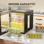 Maisto džiovyklė, 850 W, 40–70 °C, 48 val. laikmatis, 12 nerūdijančio plieno padėklų, juoda
