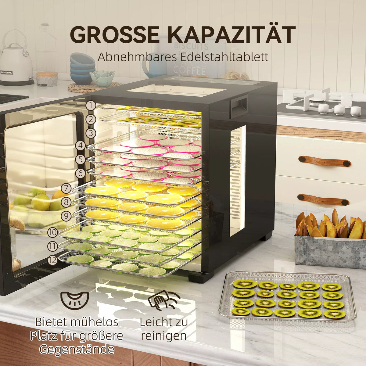 Maisto džiovyklė, 850 W, 40–70 °C, 48 val. laikmatis, 12 nerūdijančio plieno padėklų, juoda