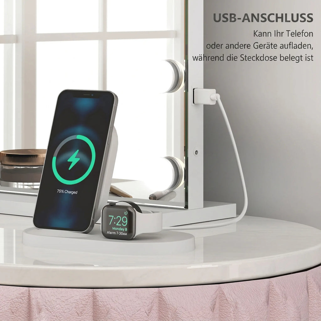 Prie veidrodžio įkraunamas telefonas ir išmanusis laikrodis per USB jungtį
