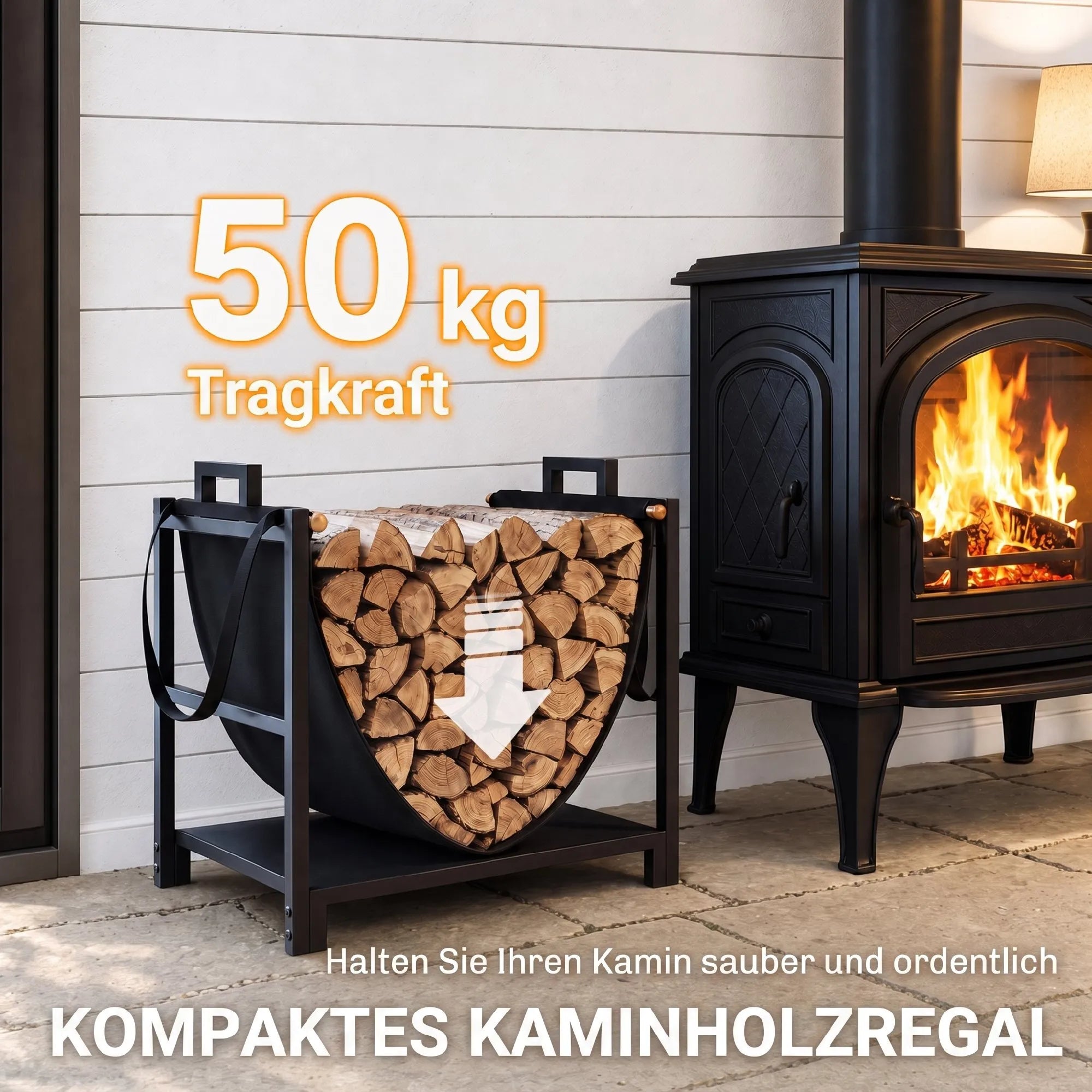 Šalia juodos krosnelės pastatyta malkų lentyna, talpinanti iki 50 kg malkų