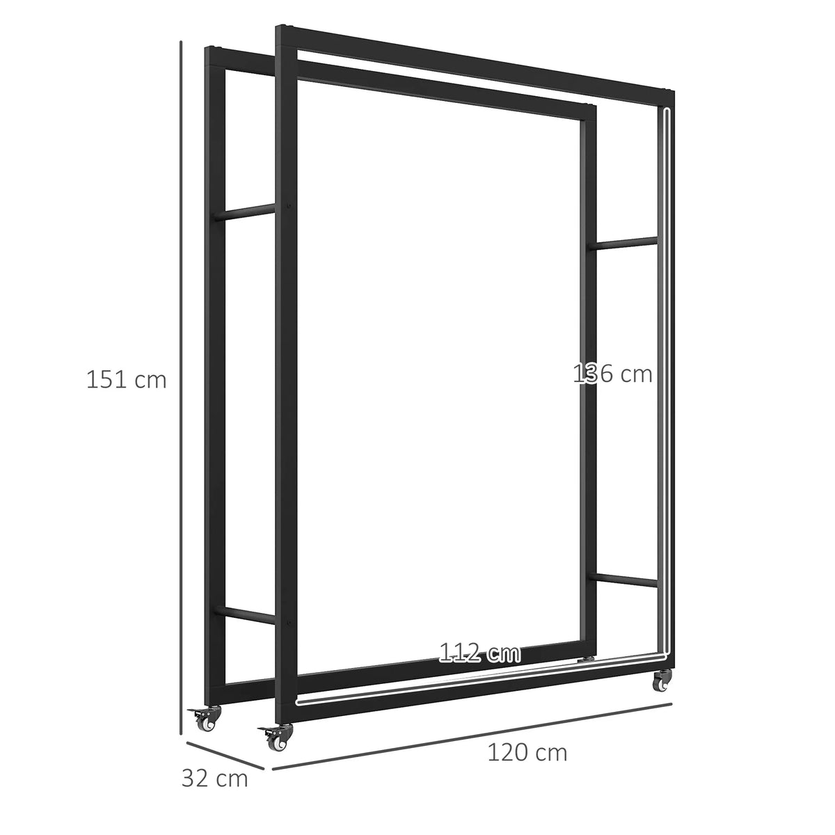 Malkų stovo matmenų schema: 151 cm aukštis, 120 cm plotis, 32 cm gylis