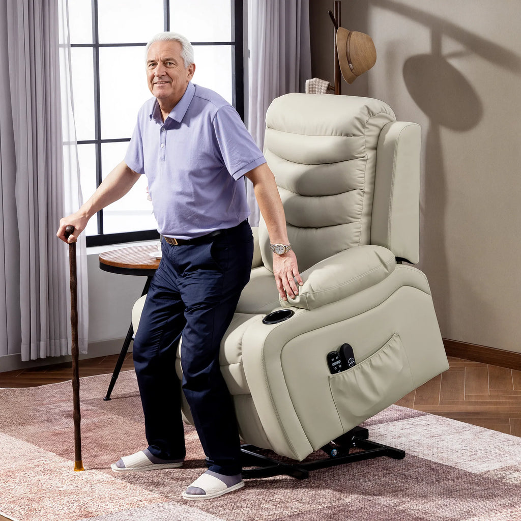 Masažinis fotelis su kėlimo funkcija 120 kg, smėlio spalvos