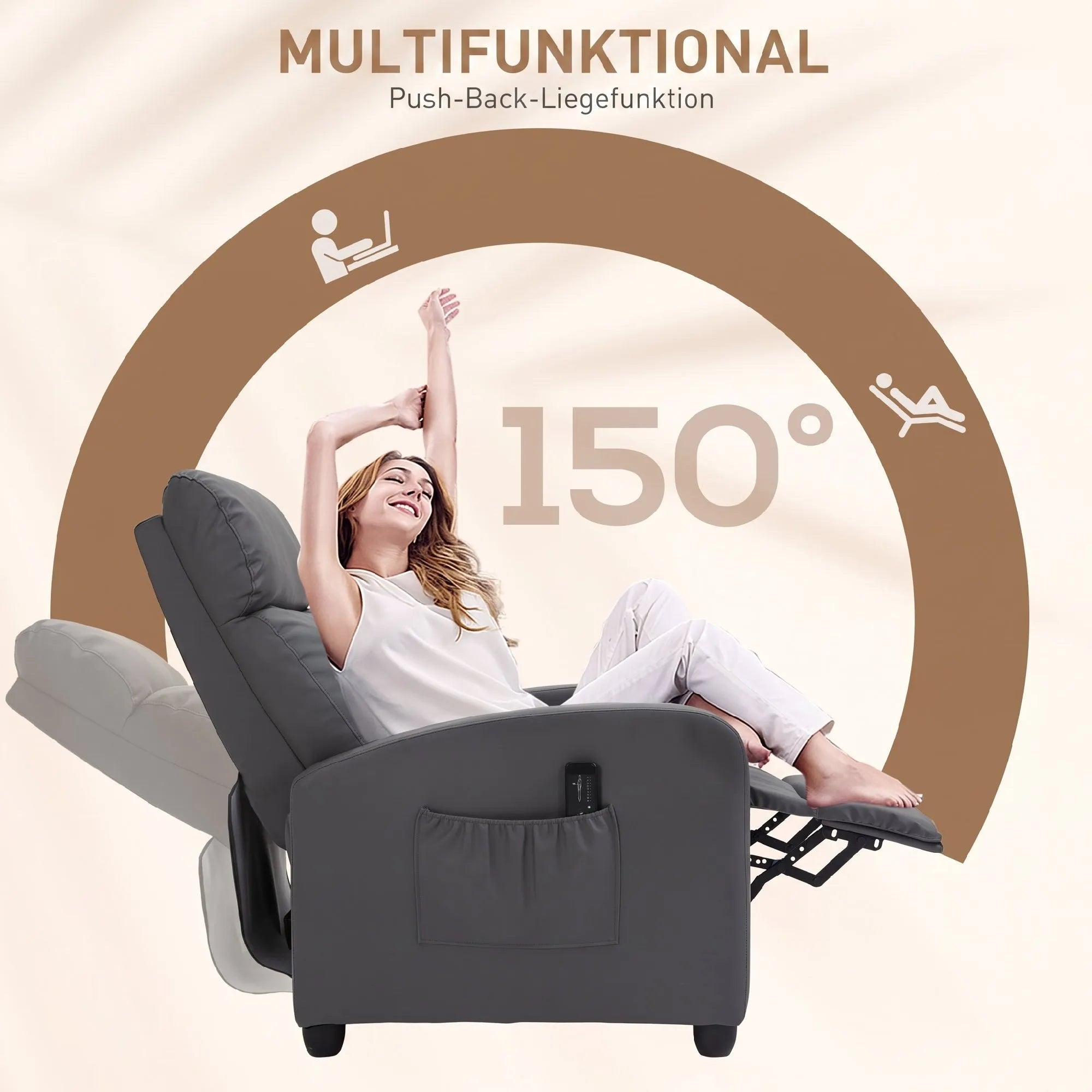 Masažinis krėslas su atlošimo funkcija, pilkas, iki 120 kg