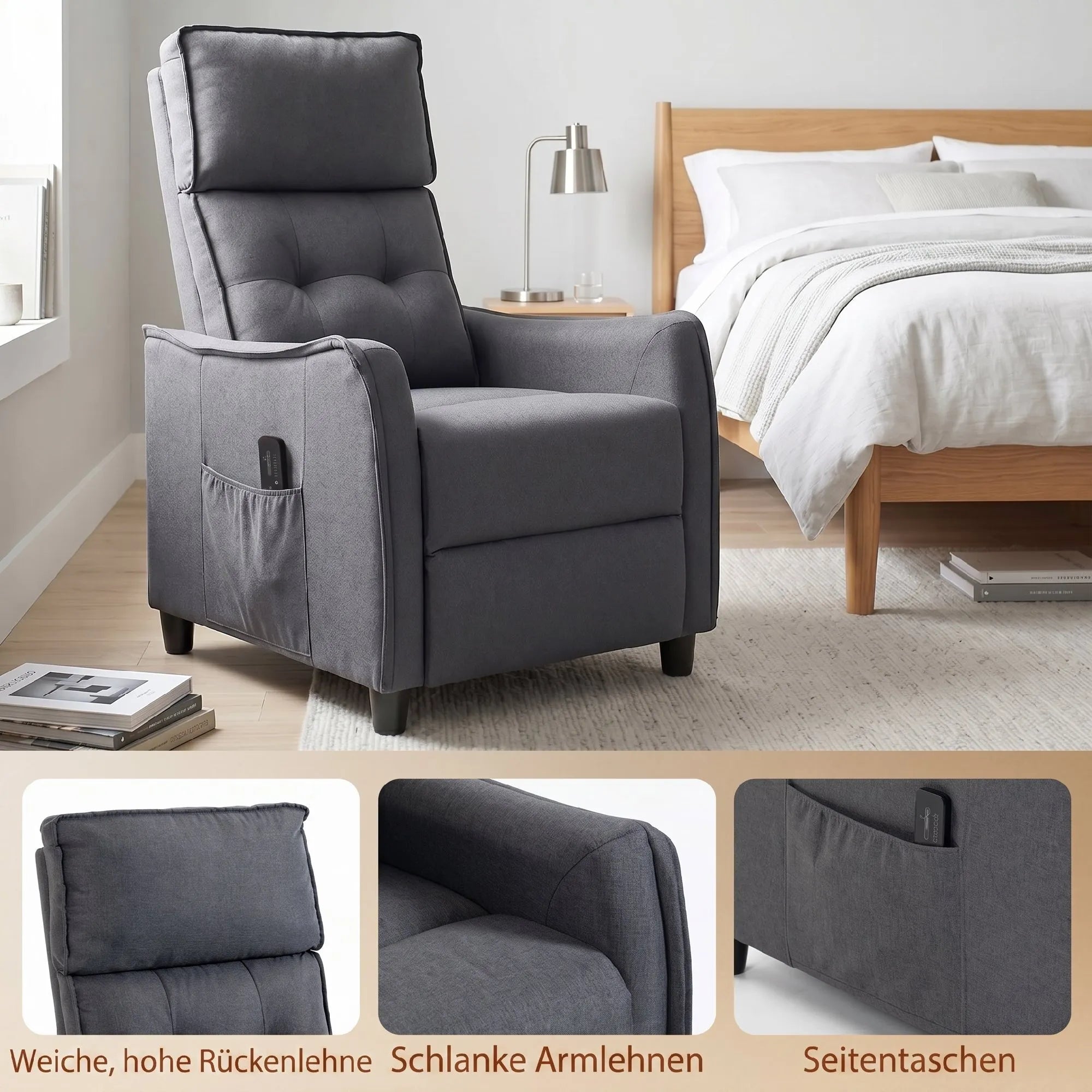 Masažinis krėslas su vibracija, reguliuojamas, 150 kg, pilkas
