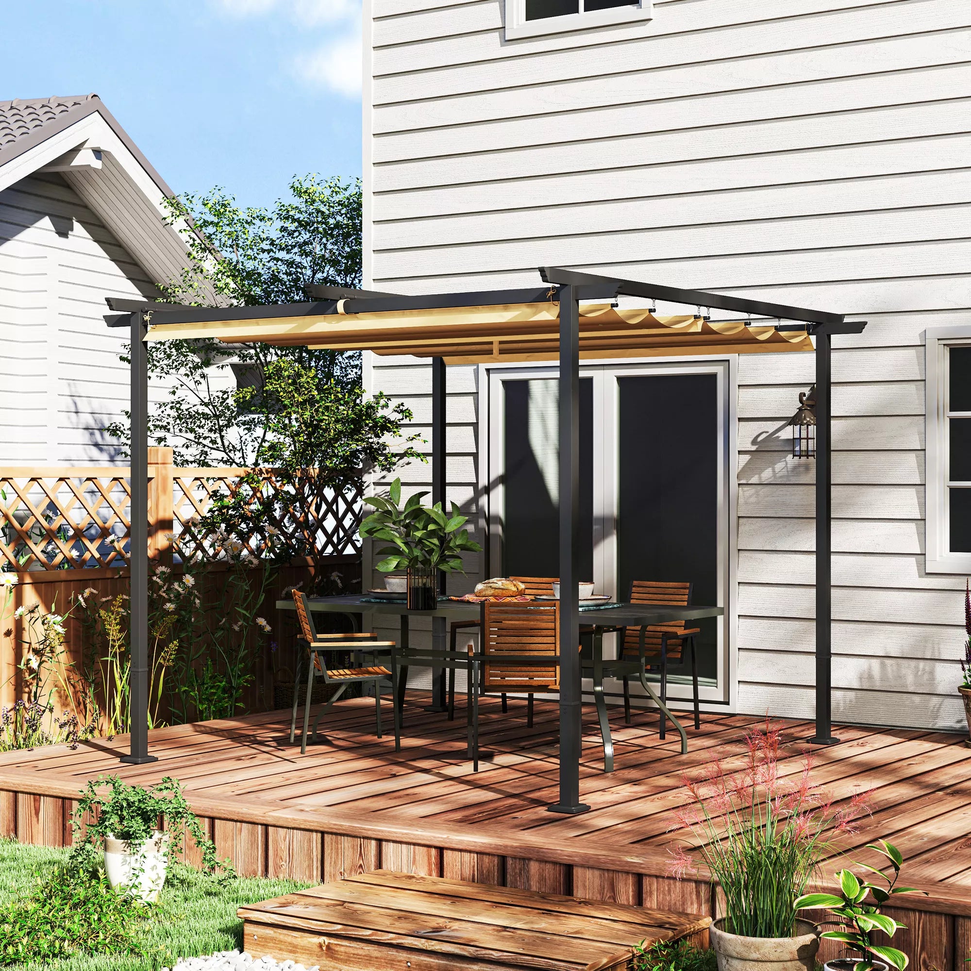 3 x 3 m sodo pergola su reguliuojamu stogu, metaliniu rėmu, UPF30+ apsauga, saulės stogu verandoje, terasoje, smėlio spalvos