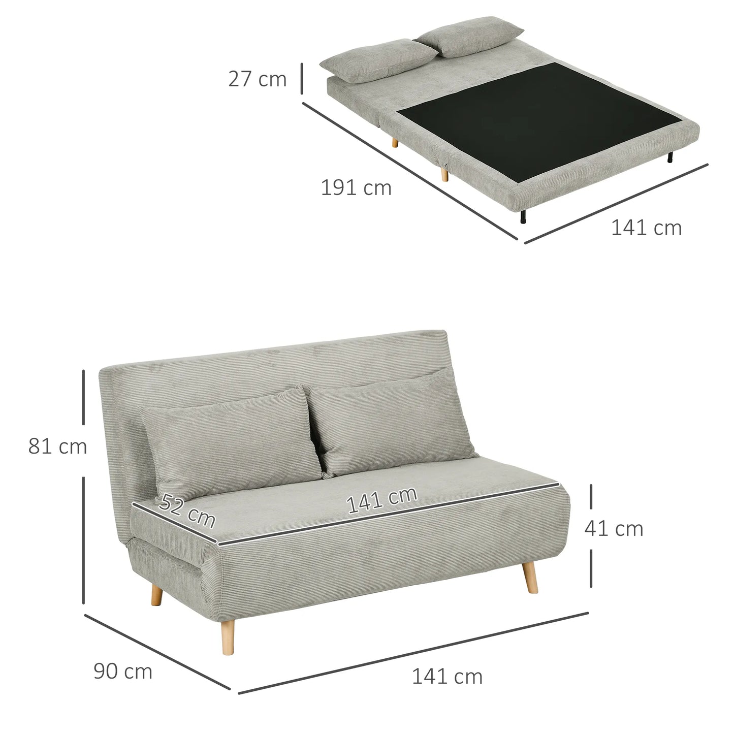 Miegamoji sofa, svečių lova, 3 padėčių reguliuojamas atlošas, lininė išvaizda, iki 120 kg, 141 x 90 x 81 cm, pilka