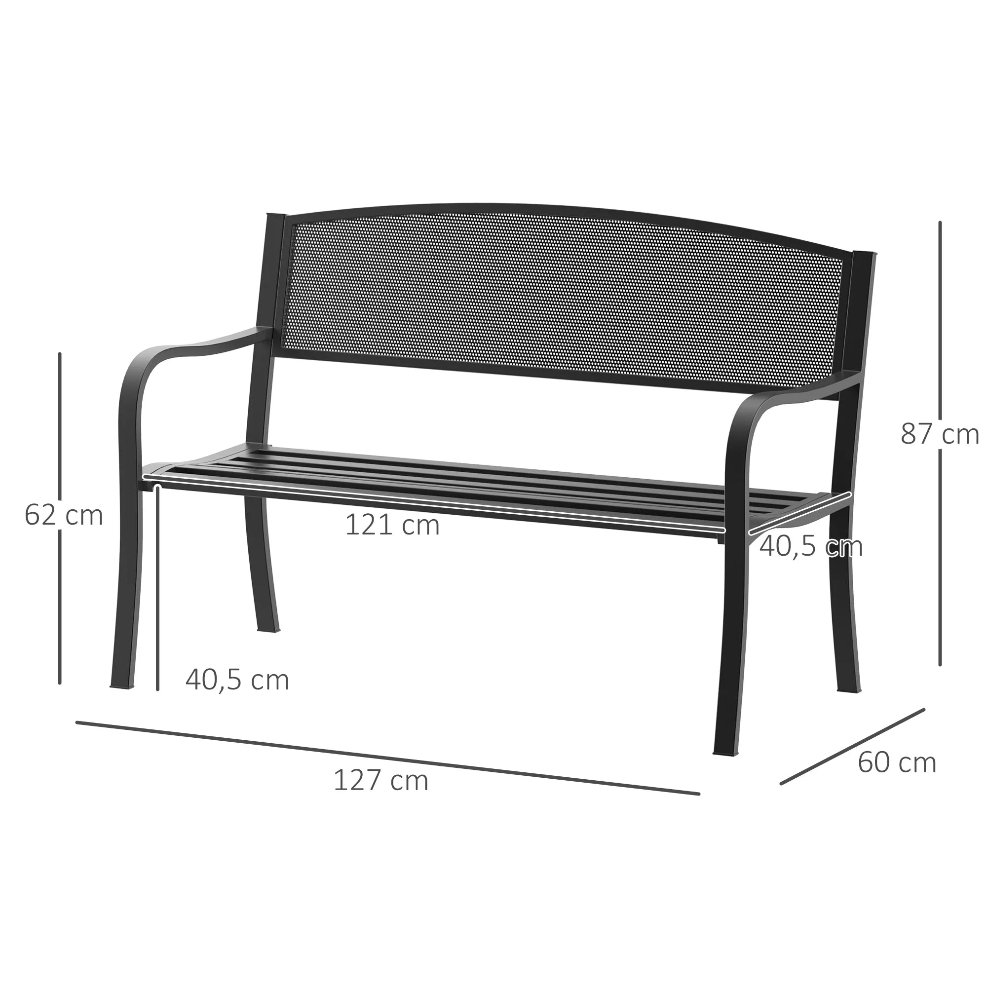 Sodo suolas Suolas Parko suolas 2 vietų Sodo plieninis Juodas P127 x G60 x A87 cm