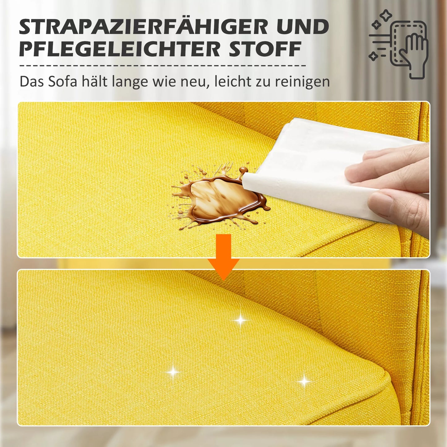 2 vietų sofa, minkšti paminkštinimai, lengvai prižiūrimas užvalkalas, iki 150 kg, 117 x 56,5 x 77 cm, geltona