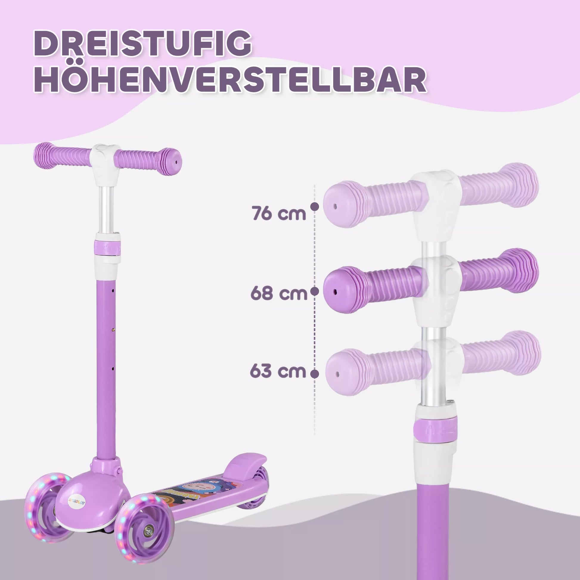 Vaikiškas paspirtukas, LED ratai, švelnus važiavimas, reguliuojamas aukštis, plastikas, plienas, violetinė spalva