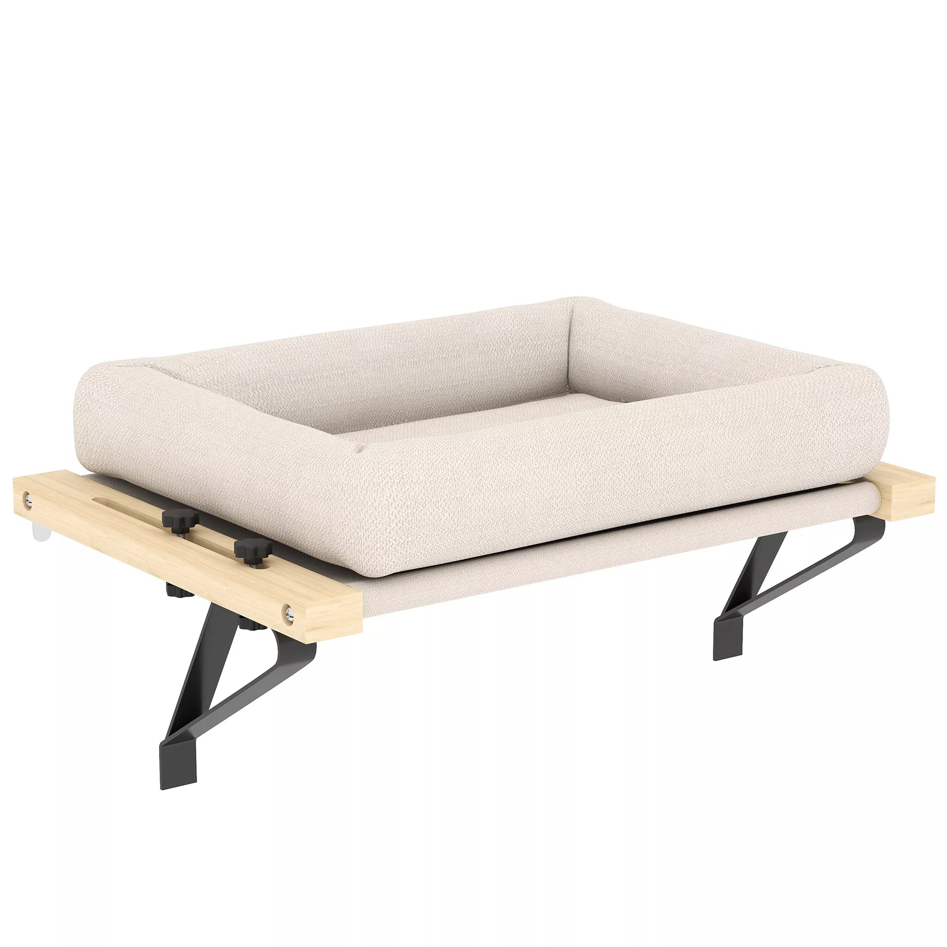 Kačių namelis su tvirtinimu ant palangių ir radiatorių, su pagalvėle, mediniu rėmu, baltas