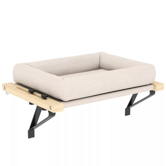 Kačių namelis su tvirtinimu ant palangių ir radiatorių, su pagalvėle, mediniu rėmu, baltas