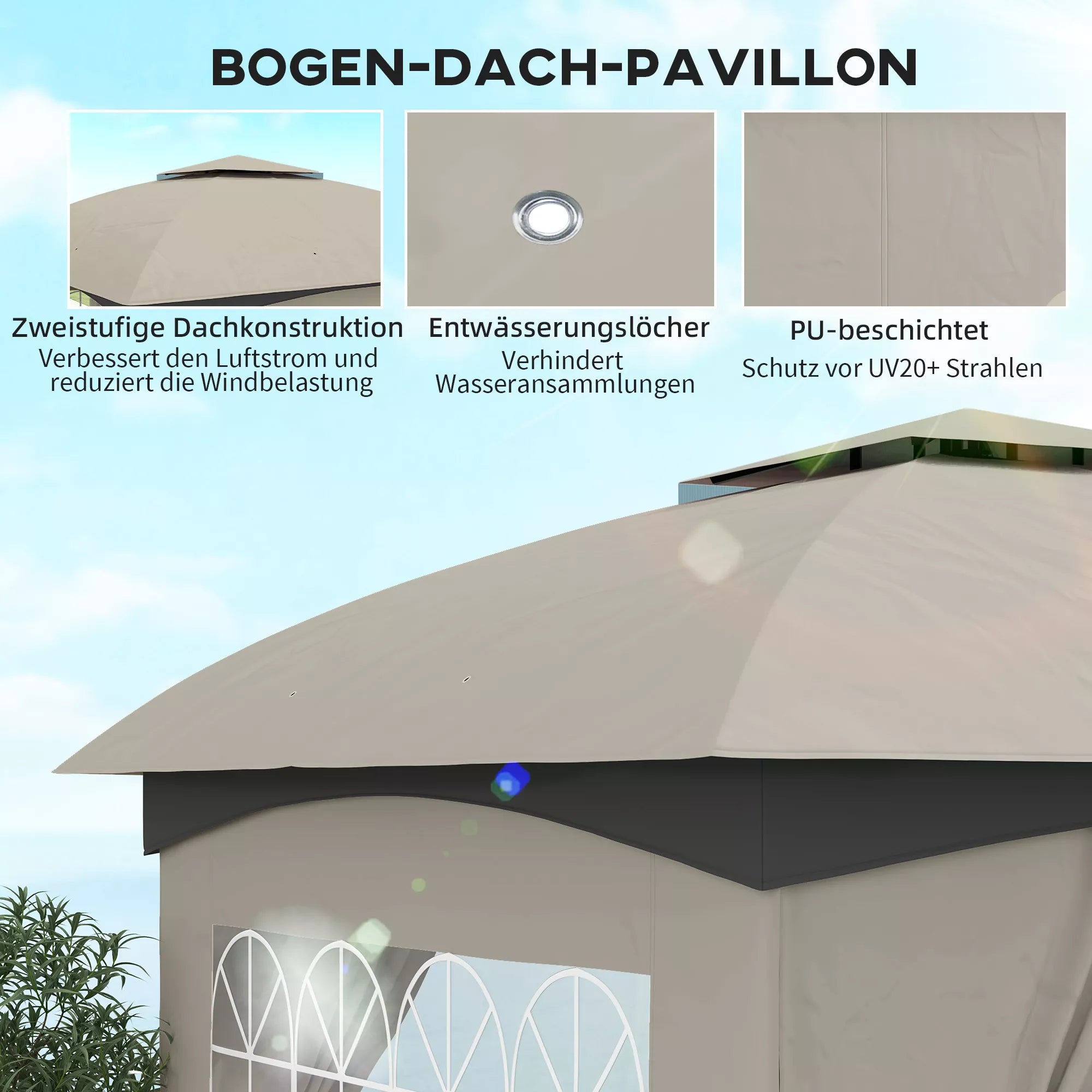 3,4 x 3,4 m sodo paviljonas, alaus palapinė su ventiliacijos stogu, arkinių langų, plieniniu rėmu, šviesiai pilkos spalvos