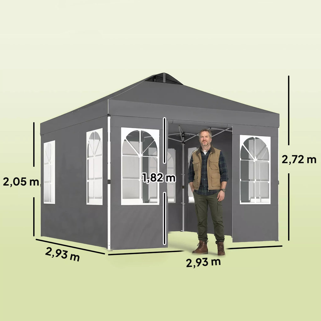Paviljonas 3x3 m, atsparus vandeniui, stabilus, atsparus žiemai, išskleidžiamas, surenkamas vienu mygtuko paspaudimu, UV 50+, tamsiai pilkos spalvos