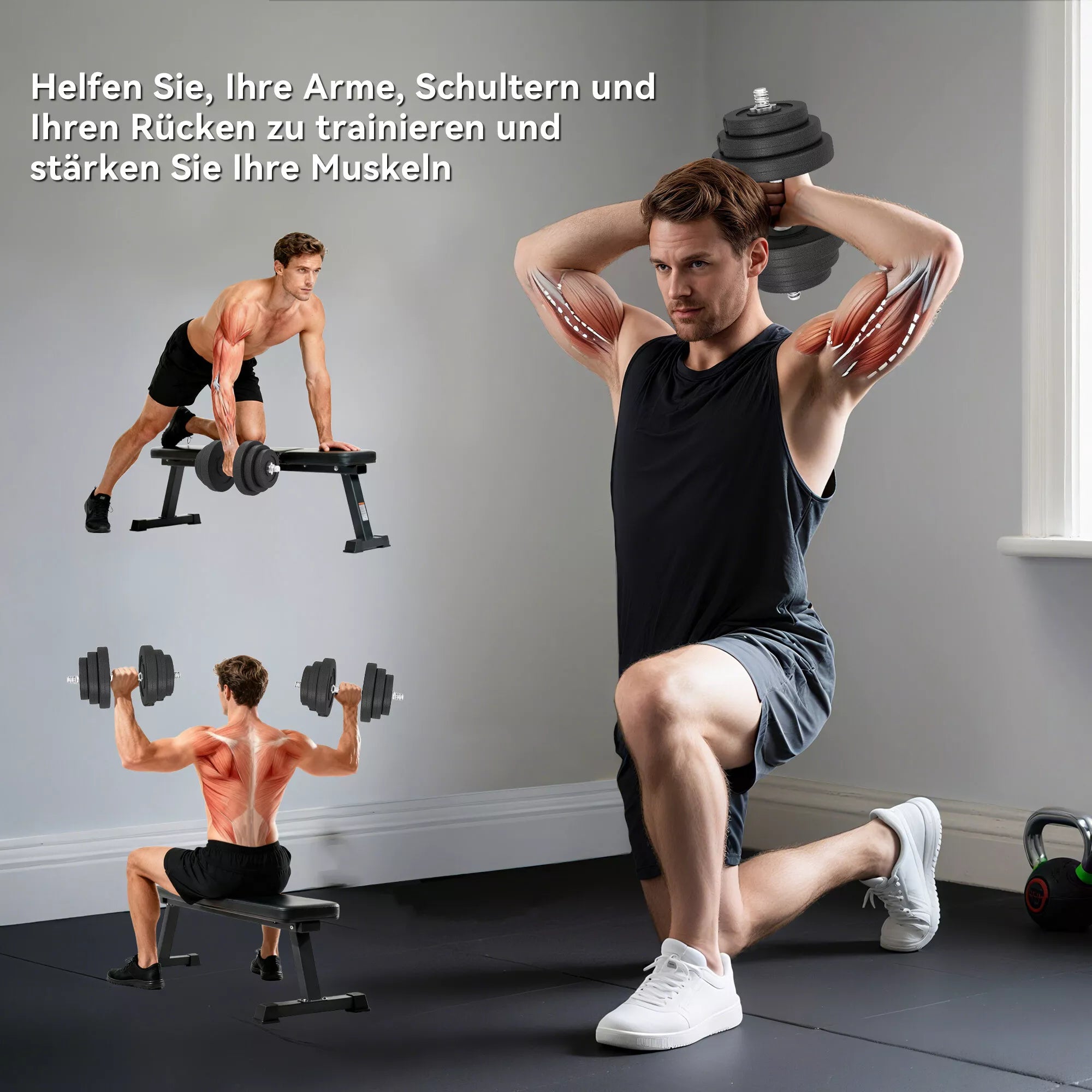 Hantelių rinkinys 40 kg, 2 metalinės rankenos, 12 hantelių diskų, apsaugo grindis, juodas