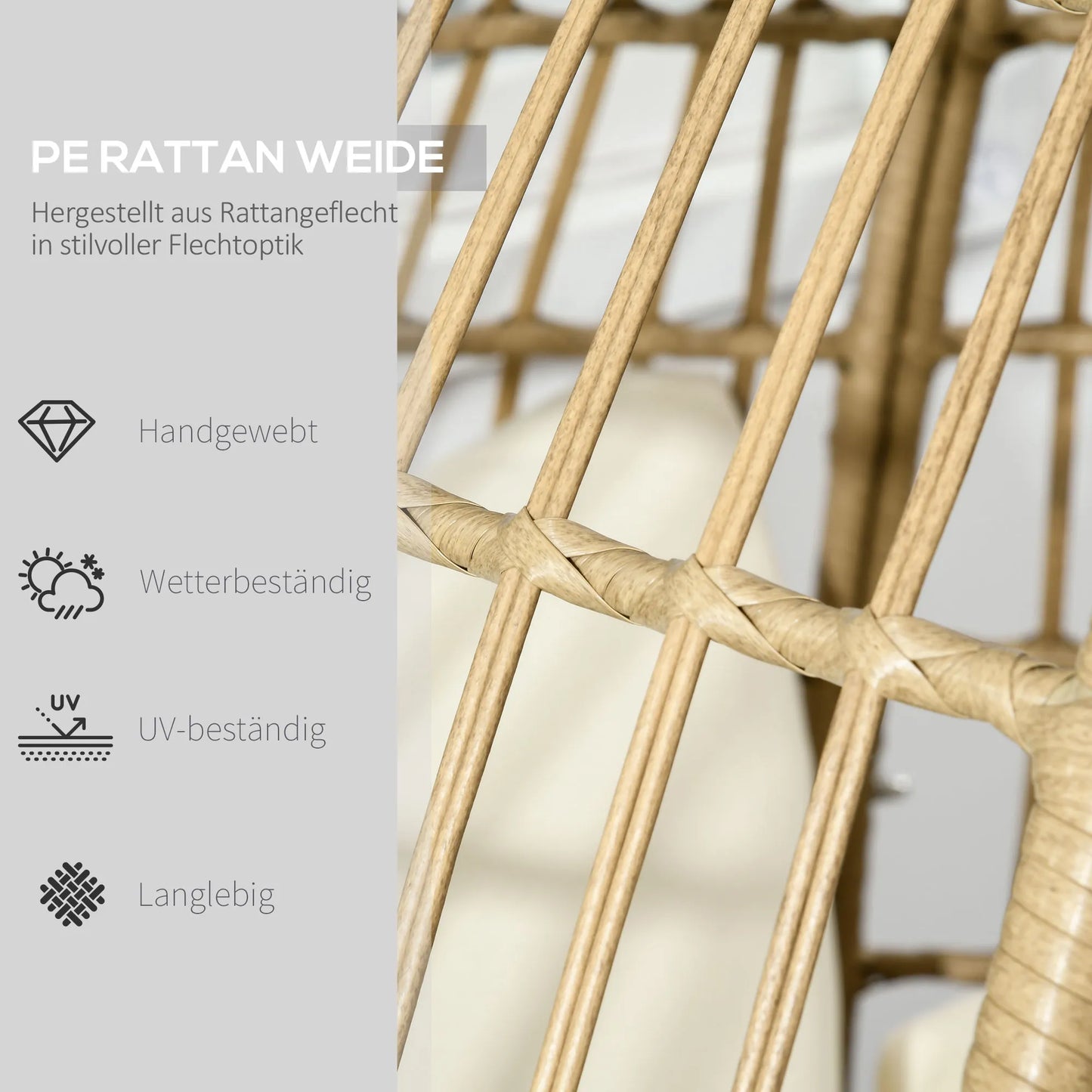 Pintas krėslas su ratano išvaizda, minkštos sėdynės pagalvėlės, aliuminio rėmas, chaki+smėlio spalvos, 105 x 90 x 148 cm