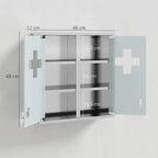 Medikamentų spintelės matmenų schema: 46 x 12 x 48 cm su lentynų aukščiais