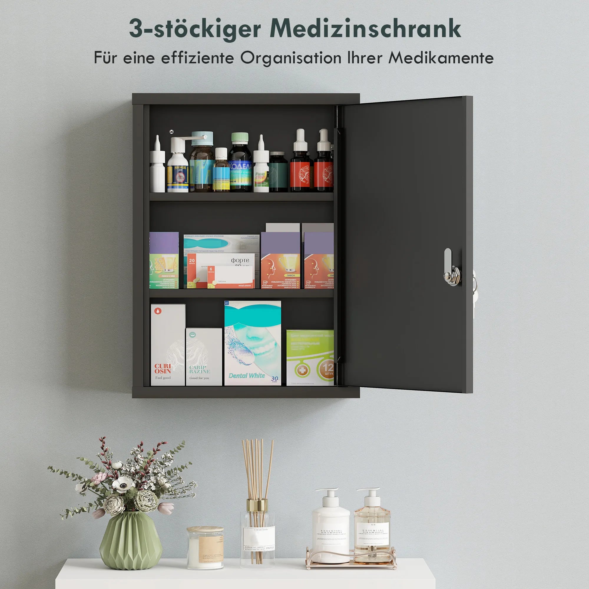 Medikamentų spintelė su užraktu plieninė sieninė 40x15x53,5 cm juoda