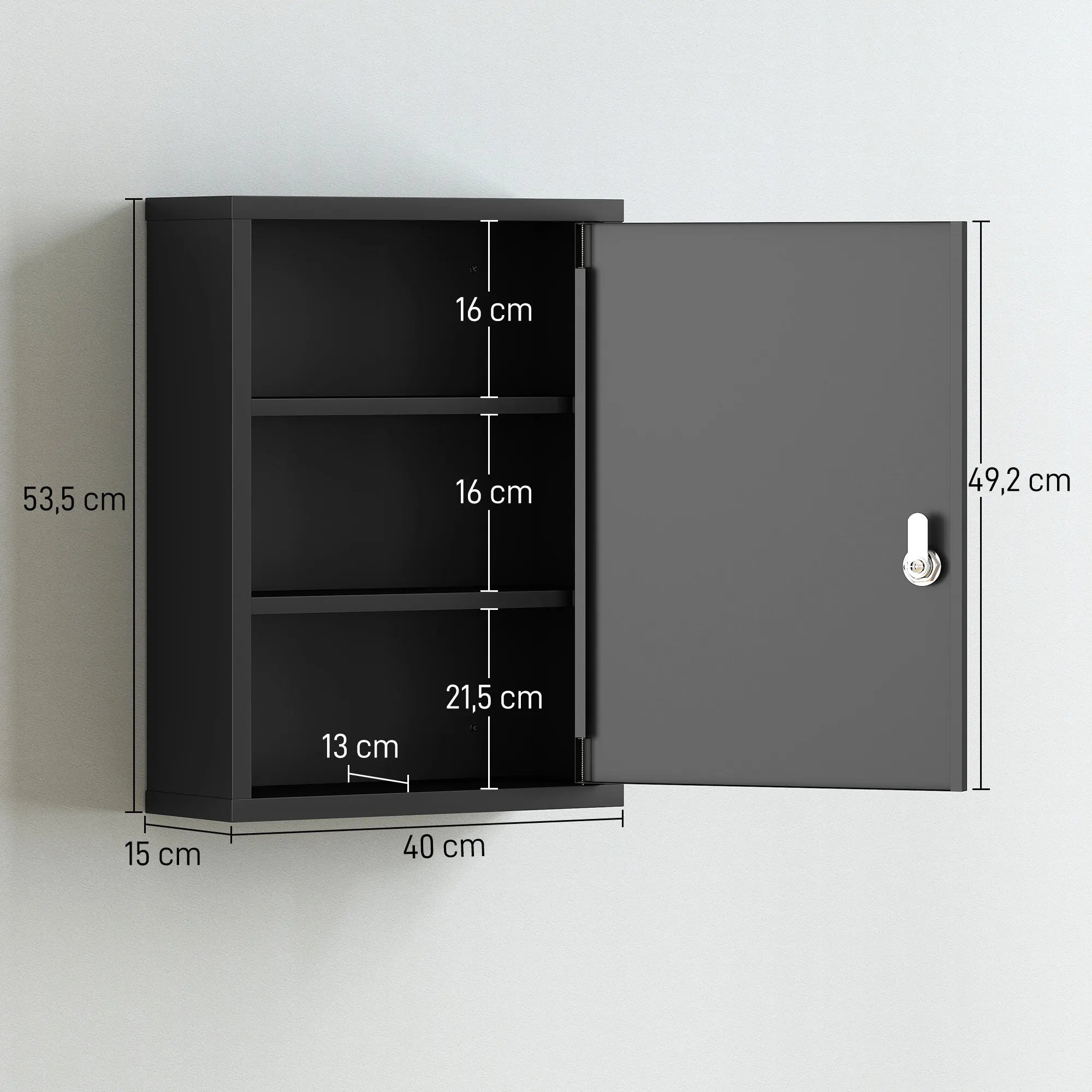 Medikamentų spintelė su užraktu plieninė sieninė 40x15x53,5 cm juoda