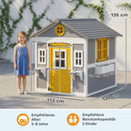 Matmenų schema rodo namelio aukštį, plotį, gylį ir rekomenduojamą amžių