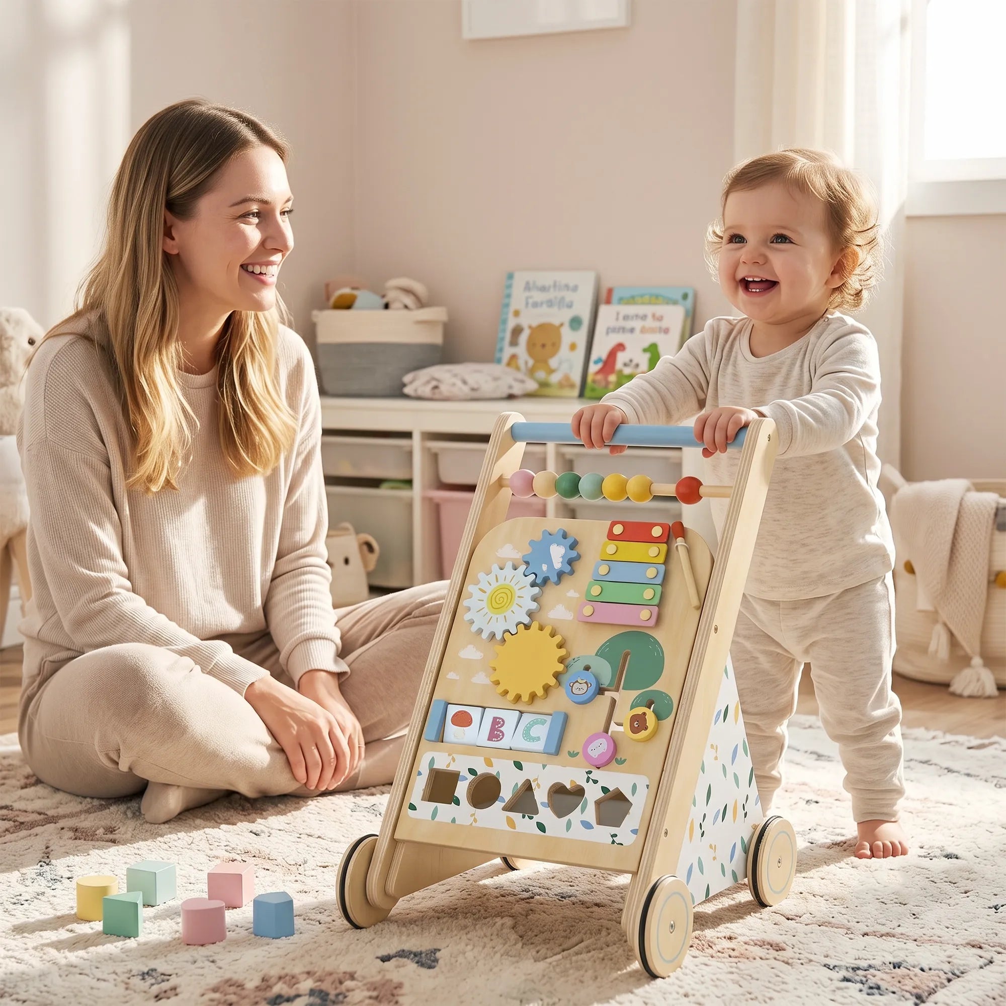 Mama žiūri, kaip vaikas stumia medinę vaikštynę su veiklos lenta