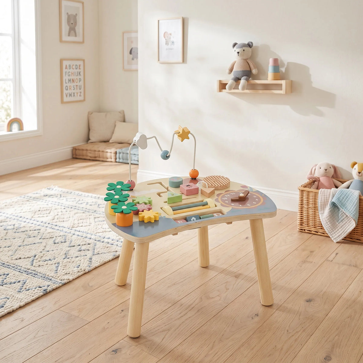 Veiklos staliukas vaikų kambaryje prie lentynėlės su žaislais
