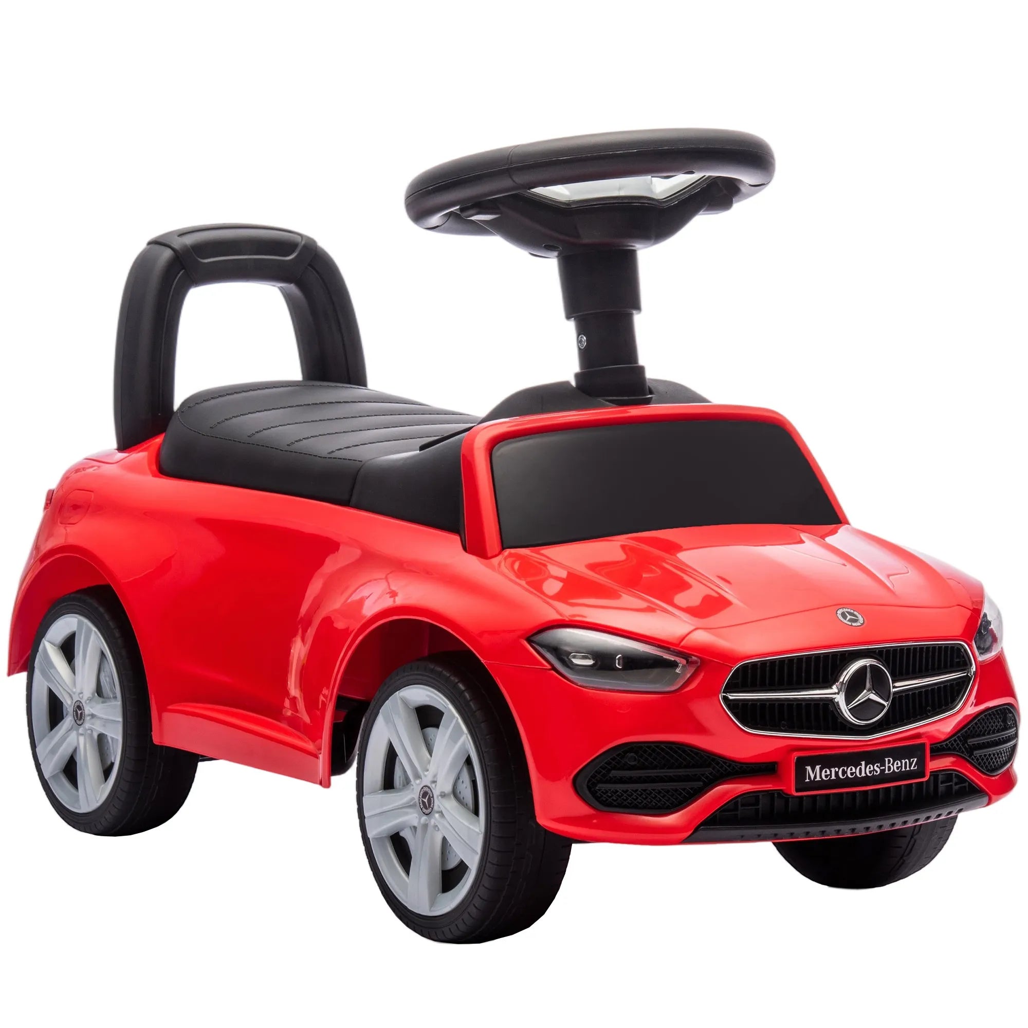 Mercedes-Benz C-Class vaikiškas paspirtukas-mašinėlė, su garsais ir bagažine, raudonas