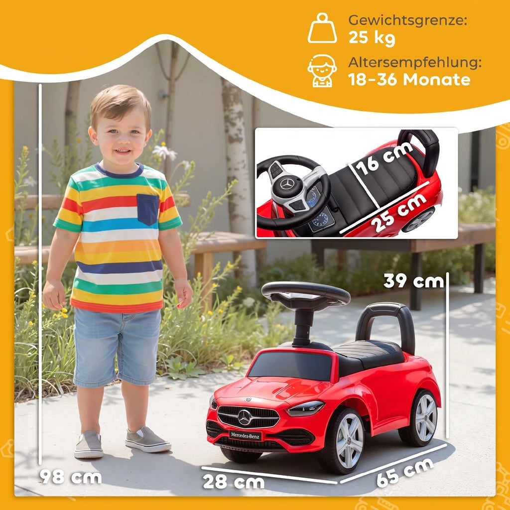 Mercedes-Benz C-Class vaikiškas paspirtukas-mašinėlė, su garsais ir bagažine, raudonas