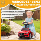 Mercedes-Benz C-Class vaikiškas paspirtukas-mašinėlė, su garsais ir bagažine, raudonas